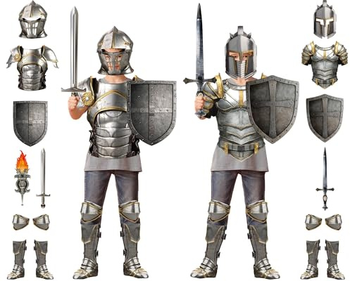 17 Pcs Medieval Knight Armor Costume Craft Kit Knight Birthday Decorations Medieval Paper Cutout Helmets Armor Toy Swords Shield Cosplay Soldier Party Supplies for Kid Dress up Props Party Decorations