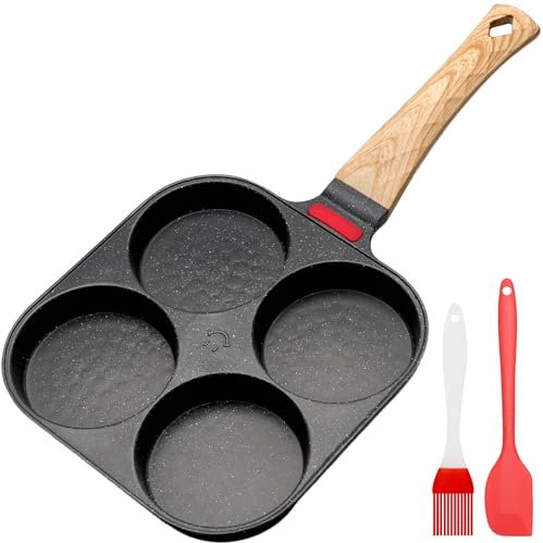 QinyOulhause Poêle 4 Cavités Antiadhésive en Aluminium avec Indicateur de Chaleur - Poêle à Pancake Induction pour Tous Feux pour Pancakes, Blinis, Burgers (Noir)
