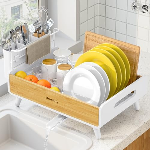 Urackify Dish Drainer Rack for Kitchen Counter – Stainless Steel & Bamboo Dish rack, Dish Drying Rack Kitchen with Large Removable Utensil Holder, Dish Drainer with Auto-Drain Drainboard, White