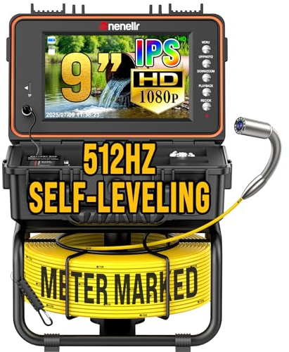 Dnenellr Rohrkamera, Kanalkamera mit Selbstnivellierung und 512-Hz-Sender, 50M Halbstarres Kabel mit Meter-Markiertem Kabel, 9-Zoll-1080P-IPS-HD-Bildschirm, IP68-wasserdicht, 32GB