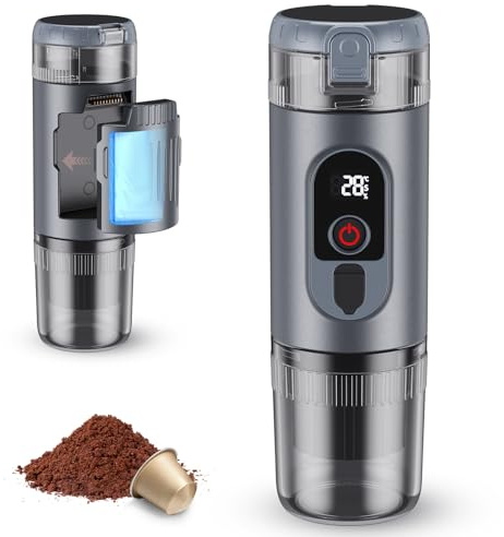Jradse 2-in-1 Tragbare Kaffeemaschine mit 7650 mAh Akku, 20 BAR Druck, Heiß-/Kalt-Extraktion, für Nespresso Kapseln & gemahlenen Kaffee, Tragbar für Büro, Reisen & Camping(Grau)