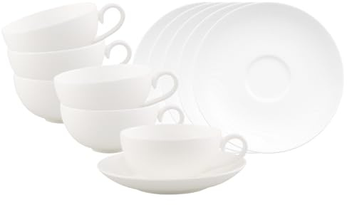 Villeroy & Boch Royal - Lot de 6 tasses à thé avec soucoupes - 120 ml - Pour 6 personnes - Porcelaine Bone China - Passe au lave-vaisselle et au micro-ondes - Blanc