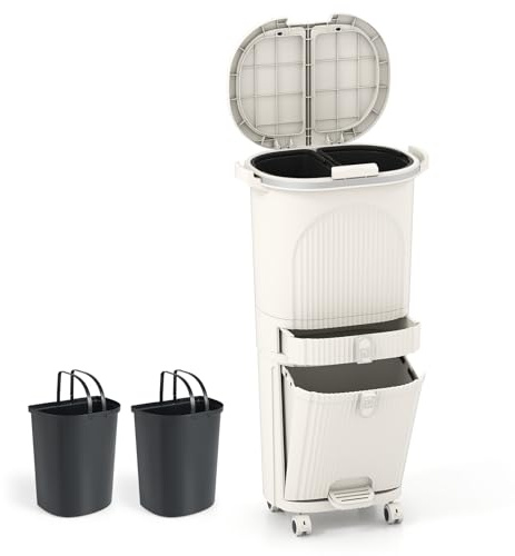 LIFEZEAL 38L / 42L Mülleimer auf Rädern, Abfalleimer mit 3 Fächern & Deckel, Tretmülleimer mit Griff, Küchenmülleimer Abfallbehälter für Küche, Wohnzimmer & Büro (Beige, 42L)