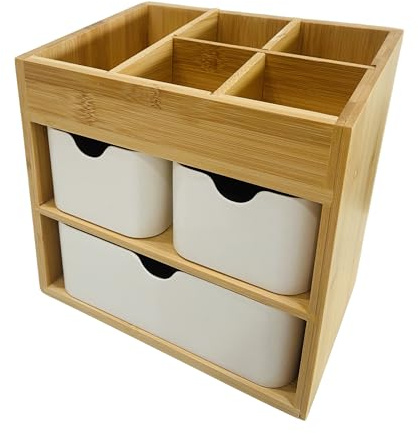 KOOJOYCC Kosmetikorganiser Make up Organizer Bambus, Schreibtisch Organizer mit 3 Schubladen & herausnehmbare Trennwänden, Aufbewahrungsbox für Büro, Küche, Bad