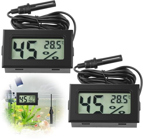 ingoodtle Reptile Thermometer Hygrometer,Mini LCD Temp Humidity Monitor | 2 Pack Digital Temperature Humidity Gauge Meter with Probe for Reptiles Tank Terrarium Incubator Aquarium Office Room (Black)