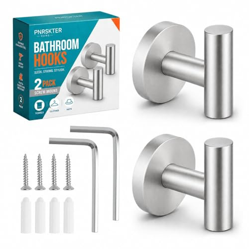 Pnrskter Bathroom Hooks, Wall Mounted Coat Hooks, 2 Pack Silver