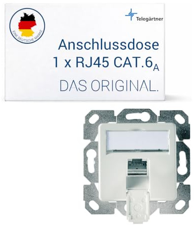 Telegärtner AMJ45 Cat.6A UP/50 Alpinweiß | Geschirmte RJ45-Anschlussdose, flexible 8-seitige Kabeleinführung, geringe Einbautiefe 34mm, 4PPoE, Kontaktüberbiegeschutz