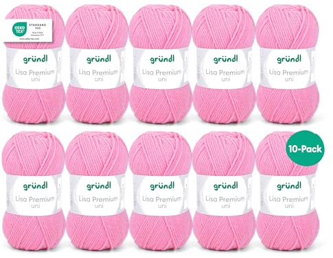 Gründl Lisa Premium Uni stick- och virkgarn (mjuk och ulliknande karaktär, lättvårdat tvättbart stickgarn tillverkat av 100% polyakryl, 50 g/133 m, nåltjocklek: 3,5 – 4,5, 10 nystan á 50 g), rosa 31