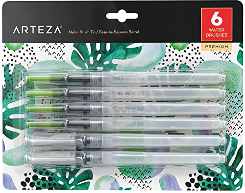 Arteza Wassertankpinsel 6er-Set, Wasserpinsel selbstbefeuchtend und tragbar, Aquarellpinsel mit Wassertank und verschiedenen Aufsätzen, für Aquarellmalerei & Aquarelleffekte