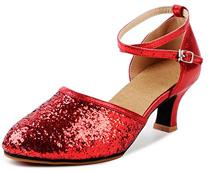 OCHENTA Womens Sequined Leather Pointed Toe Kitten Heel Latin Ballroom Dance Shoes Suede Red-UK 6-Tag 41