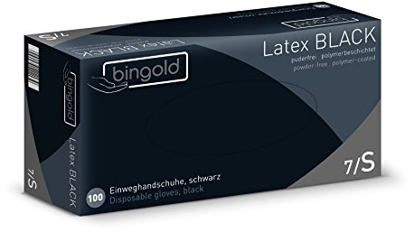 BINGOLD Einmalhandschuhe Latex BLACK, schwarz, Größe S, 10x100 (1000) Stück | Puderfreie Einweghandschuhe aus Latex für Hygiene, Pflege und Labor, schwarz, Größe S, 1000 Stück