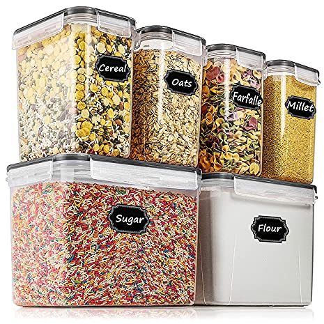 Wildone Airtight Food Storage Containers Cereal & Dry Food Storage Container Set of 6(Black Lid), Leak-proof & BPA Free, With 1 Measuring Cup & 20 Chalkboard Labels & 1 Chalk Marker