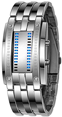 Relojes de pulsera para hombre y mujer, color rojo lava, azul, LED, digital, acero inoxidable, color negro, Binario, plateado, Digital