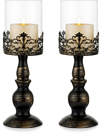 Sziqiqi Vintage Distressed Black Hurricane Candle Holders Set of 2, Versatile Metallic Pedestal Glass Floral Centerpiece Base for Wedding Party Home Fireplace Mantel Decoration 33cm/13in
