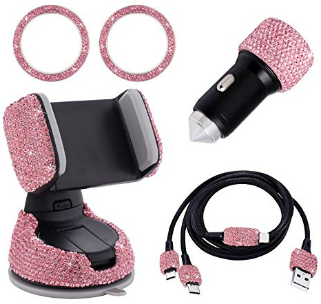 Deco Voiture Interieur Strass, Accessoire Voiture Interieur Femme, Chargeur Voiture Usb, Support Telephone, Cable Multi Usb 3 En 1 Type C/micro Double Universel Bijoux Decoration Voiture (Rose, 5pc)
