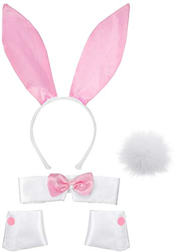 SATINIOR Costume de lapin pour femme avec serre-tête avec oreilles de lapin, collier avec nœud papillon, manchettes et queue de lapin - Pour fête de Pâques - Rose et blanc