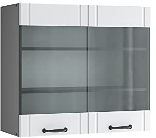 Vicco Küchenglasschrank Fame-Line, Weiß Landhaus, 80 cm | MDF-Front · Soft-Close · Tiefe – 34,1 cm · Metallgriffe · ✓ Alles im Blick