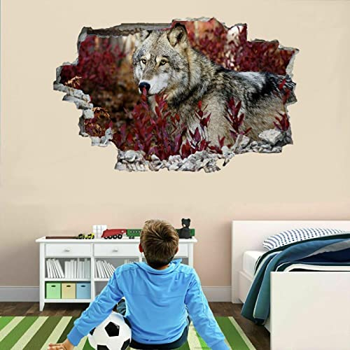 Wolf 3D Durchbruch Wandtattoo Mädchen Kinderzimmer Pflanze Wandaufkleber Dekorative 98x65 cm Abnehmbare Wandsticker Vinyl für Junge Teenager Zimmer Wohnzimmer Schlafzimmer Wandbilder Deko