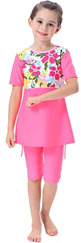 Kinder Mädchen Muslimischen Badeanzug Burkini Modest Islamischen Ganzkörper Full Cover Kurzarm Top Shorts 2er Set Wassersport Surfen Outfit Bademode Schwimmanzug Muslim Swimwear Rose 11-12 Jahre