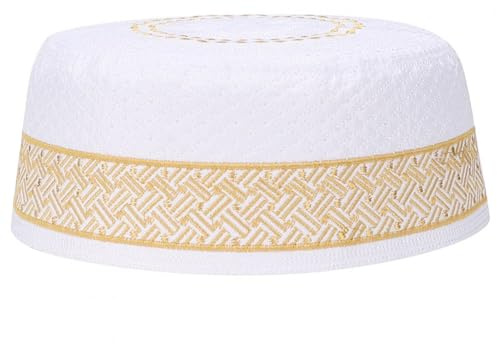 Polyester Mischbaumwollstoff Männerkopfkappe Islam Mann Stickerei Hut männliche Moslemische Gebets Hut Skullies Mützen Hüte Kappen(Head size 57cm-Gelb)