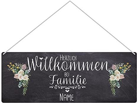 Haustürschild mit Name - Herzlich Willkommen bei Familie - Metallschild mit Familienname personalisieren, Outdoorschild aus Aluminium | Wetterfest, Blumen-Motiv, 24x9 cm