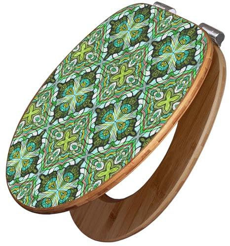 banjado Design WC Sitz Bambus Absenkautomatik 45,8x37,5cm / Toilettendeckel mit Absenkautomatik Holz/hochwertiger Bambus Klodeckel/WC-Sitz für gängigen Toiletten/Motiv Grünes Muster