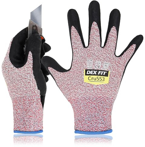 DEX FIT Level 5 Cut Resistant Gloves Cru553, 3D Comfort Stretch Fit, Power Grip, Durable Foam Nitrile, Smart Touch, Machine Washable, Thin & Lightweight, Red 9 (L) 3 Pairs