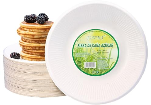 EXNIMA, Pack 50, 100, 200, 500 o 1.000 Platos Desechables, Hechos de Fibra de Caña de Azúcar, Natural, 100% Biodegradable - Platos Redondo y Planos para Comidas, Barbacoa, Fiestas, Cumpleaños.