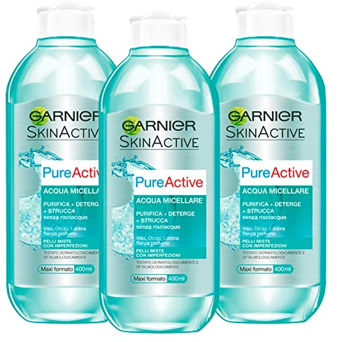 Garnier SkinActive PureActive Micellar Wasser Make-up Entferner Reiniger für Mischhaut mit Unvollkommenheiten Reinigungswirkung ohne Spülung Gesicht Augen Lippen Formel ohne Parfüm - 3 Flaschen à 400