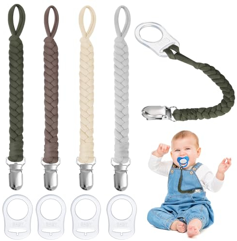 Aolso Schnullerketten Baumwolle Schnullerketten, 4pcs Baby Schnullerkettenclips, Schnullerketten für Mädchen und Jungen, Schnuller，Geflochtene Schnullerkette