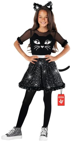 Morph Svart Kattdräkt Flickor, Glitterklänning med Kattöronsdiadem & Svans, Halloween & Temafest Barn Kostym