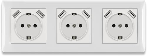 BSEED Prise USB encastrée avec borne enfichable, prise murale avec port USB 2,1 A, cadre PC 16 A, triple prise murale blanche pour téléphone portable, ordinateur portable, etc. - 223 mm