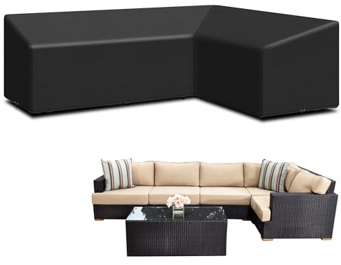 Funshot L Shaped Garden Furniture Covers Waterproof,420D Oxford Fabric Outdoor Rattan Corner Sofa Covers Windproof, Anti-UV, L-Shape Garden Sofa Cover (286*222*82cm) - Left Side Long