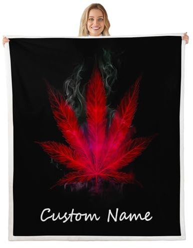 Marijuana Blanket Red Cannabis Leaf Printed Personalized Customize Name Fuzzy Blanket for Adult Women Teens Red Weed Decor Customized Sherpa Blanket Boho Exotic Farmstyle Hippie Theme Blanket 60x80