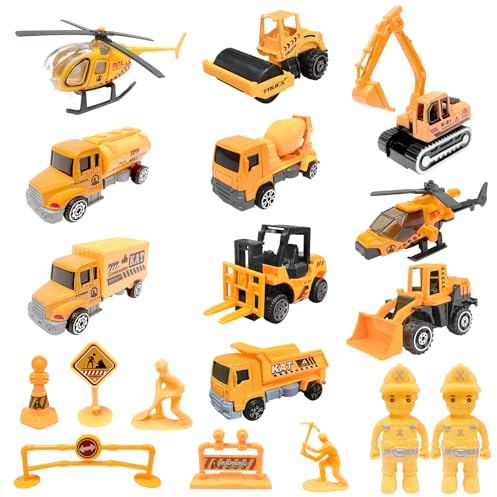 TOYABI Macchinine per Bambini, Micro Machines, Set di 18 veicoli da costruzione con dumper/aereo/blocco stradale ecc., Auto in lega pressofusa per ragazzi & ragazze dai 3 anni in su