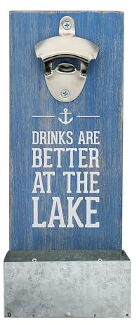 Pavilion Gift Company - At The Lake - Rustic Wall Mounted Beer Bottle Opener, Bottle Opener with Cap Catcher, Gifts For Men and Beer Lovers, Bar Decor For Home, 1 Count, 4.5” x 11.5” Blue