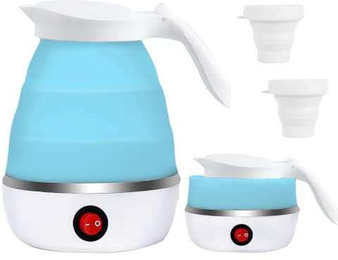 RANJIMA Hervidor de agua plegable, 0,6 L, hervidor de agua plegable, mini hervidor de agua de silicona, hervidor de agua de viaje, pequeño con 2 vasos plegables, 5 minutos, cocción rápida para cocina