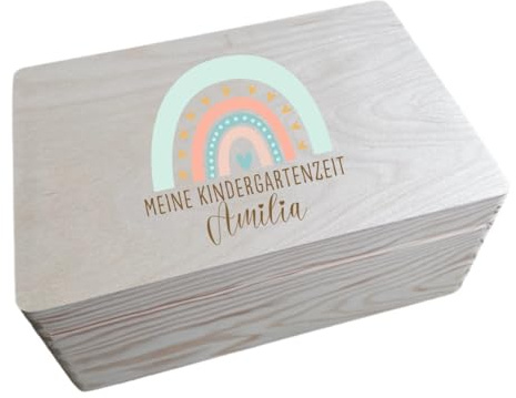 minimutz Erinnerungskiste Kindergarten - Personalisiert mit Name - Erinnerungsbox mit Regenbogen und Gravur - Holzbox mit Deckel L (40 x 30 x 13,5 cm)