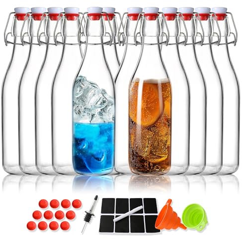 Leetaltree Juego de 12 botellas de vidrio con tapa abatible de 16 onzas, botellas de vidrio con tapa hermética, botellas de vidrio con tapa abatible para kombucha, bebidas, cerveza, aceites, con