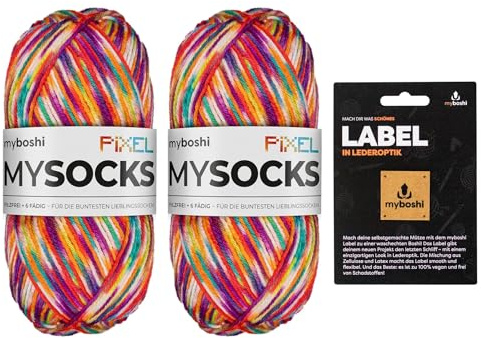 myboshi mysocks Pixel, 6-fädige Sockenwolle, strapazierfähig, Garn, inkl. original myboshi Label in Lederoptik aus Schurwolle, filzfrei, 150g, Ll 390m Orange (Spark) 2 Knäuel