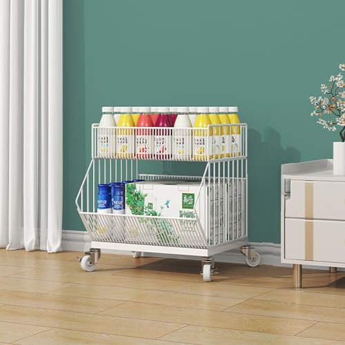 Canastas grandes apilables de alambre con ruedas para estante de supermercado, organizador de exhibición para aperitivos, frutas, verduras y dulces (2 niveles, tamaño: L, 120 cm)