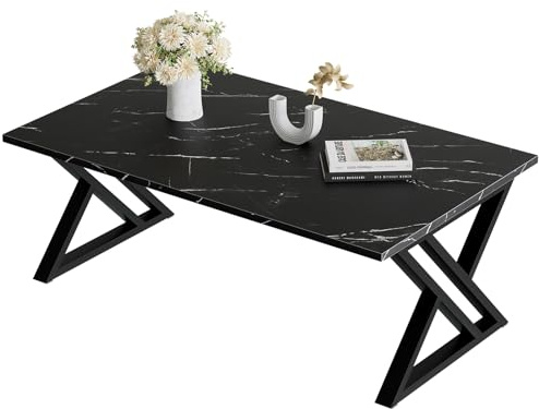 Couchtisch, Wohnzimmertisch, Sofatisch aus Holz, Kaffeetisch, Beistelltisch für Wohnzimmer, Einfache Aufbau, X Streben, Offener Stauraum, 100 x 48 x 55 cm, Marmor Schwarz und Schwarz Metallgestell
