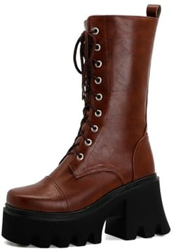 LMUIPMAA Botas Militares Altas con Suela Track Y Cordones Mujer hasta Rodillas De Plataforma Botas De Combate Invierno con Cremallera,Marrón,36 EU