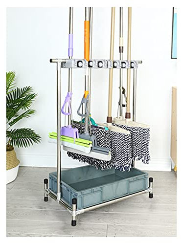 Mop Holder,Movable Commercial Floor-Mounted Mop Rack,Utility Holder for Mops and Brooms,Cleaning Tool Cart,Storage and Organization,Umbrella Stand, Mop Drain Rack,with Gray Tray，House Organi
