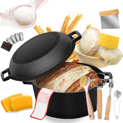 Kit de horno holandés de hierro fundido para hornear pan, juego de 10 piezas con cesta Banneton, raspador de masa, pala de pizza, lame de pan, batidor, cepillo y agarres de silicona con tapa de
