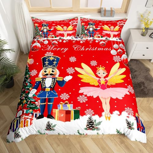 Homemissing Christmas Duvet Cover Boys Girls Double Size Red Nutcracker Bedding Set Ultra Soft Cute Cartoon Comforter Cover Set Christmas Nutcracker Bedspread Cover Christmas Decor Bedclothes