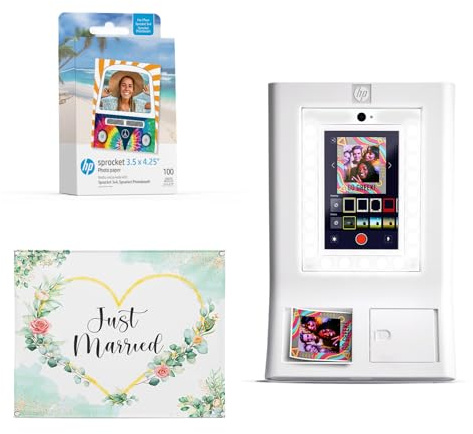 HP Sprocket Photo Booth Machine Instant Color Photo Printer (White) + Zink Paper (100 Sheets) +Wedding Photo Backdrop (1)
