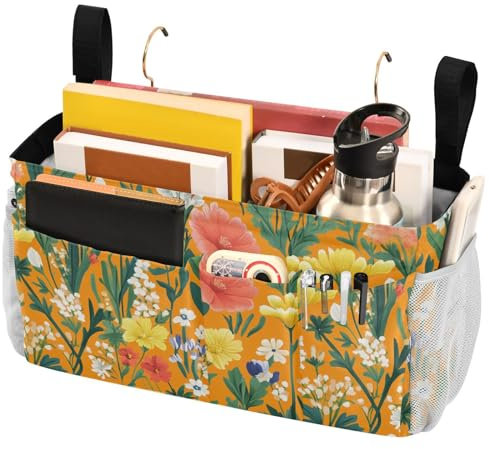 FRODOTGV Nachttisch-Aufbewahrungstasche, Organizer, Nachttisch-Caddy, Aufbewahrungstasche für Etagen/Krankenhausbetten, Frühlingsblumen, Kaktus, blutendes Herz, Hyazinthe, Orange
