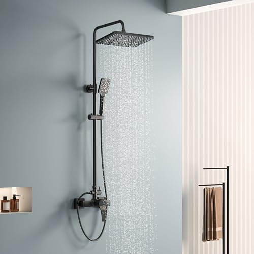 KOMIRO Colonne de Douche avec Mitigeur Monocommande, Colonne de Douche Noir Réglable en Hauteur, Douchette et Pommeau de Douche Ensemble de Douche pour Salle de Bain