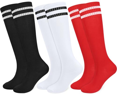srclo 3 paia di calzini da calcio traspiranti per bambini, calzini sportivi lunghi da calcio per ragazzi e ragazze, junior, per corsa, allenamento, rugby, (età 5-12), nero, bianco, rosso., 9-12 Years